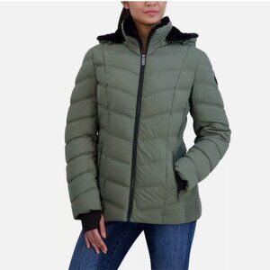 Nautica Puffer Jacket Women's Detachable Hood Fleece Pockets Ribbed Sage